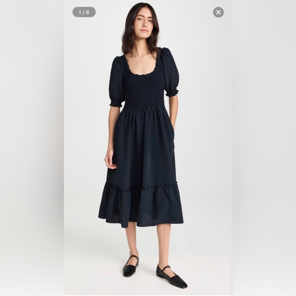 Smocked Square-Neck Midi Dress in Navy